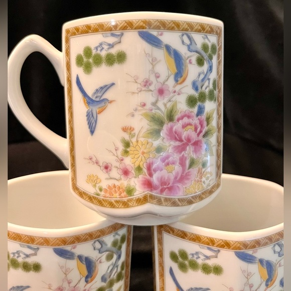 Homco Japan 4 Mugs Cups Hexagon Gilded Peonies Bluebirds Bridgerton China Gift - Picture 7 of 17